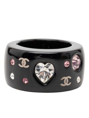 Chanel CC Logo Heart Ring Black Multicolor Plastic Line Stone